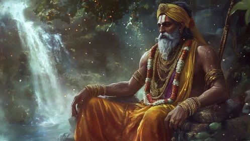 Serene bearded sage in orange robes beside forest waterfall.