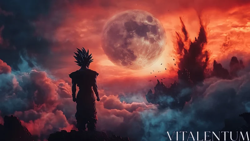 Silhouetted warrior observes large moon over fiery clouds