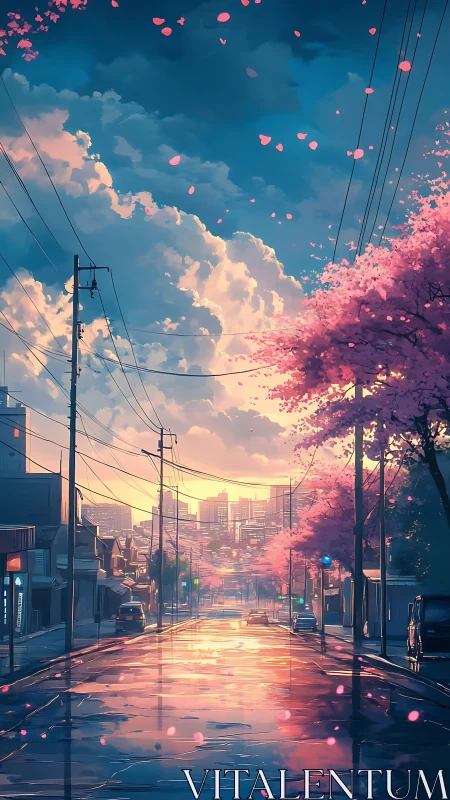 Cherry blossom city street under glowing sunset sky.