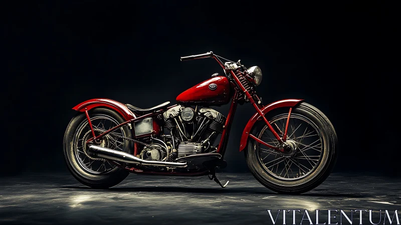 Vintage red motorcycle on dark studio background shot.