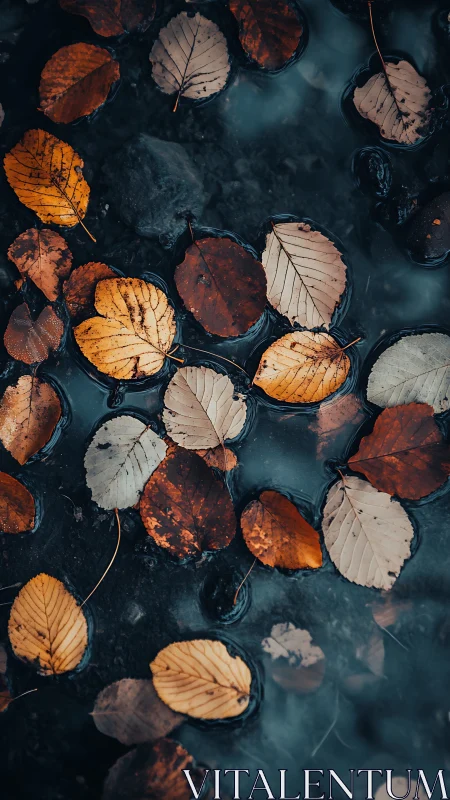 Autumn leaves on dark reflective water with moody bokeh tones.