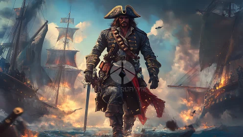 Commanding pirate strides through blazing naval battlefield.