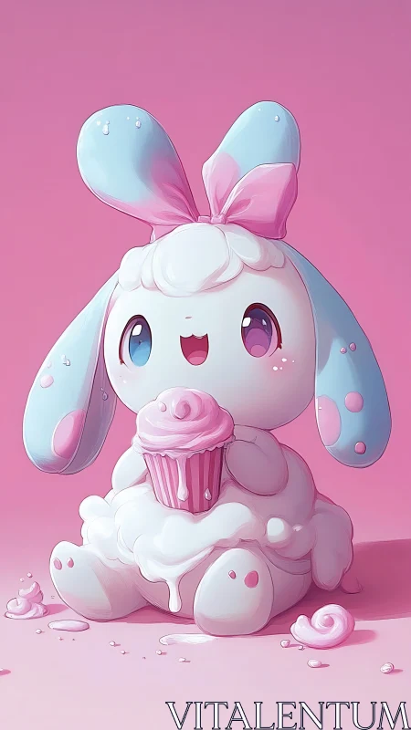 Adorable Pink Bunny Character Holding Cupcake.