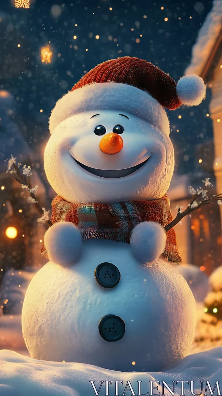Cheerful snowman glows under storybook winter starlight.