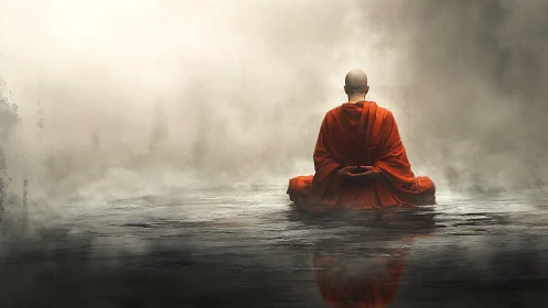 Solitary monk meditates in mist over reflective water plane