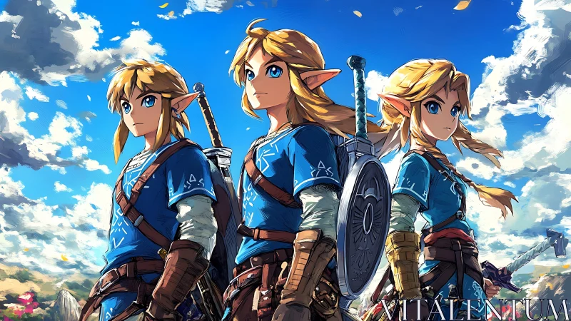 Triple heroic elf warriors rendered in dynamic anime style