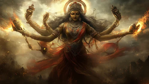 Multi-armed fire goddess in ornate armor amid smoky sky.
