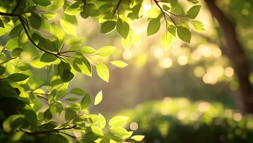 Backlit green foliage with warm sunrise bokeh glow.