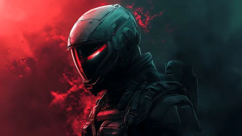 Cyberpunk combat operative in red teal atmospheric contrast.