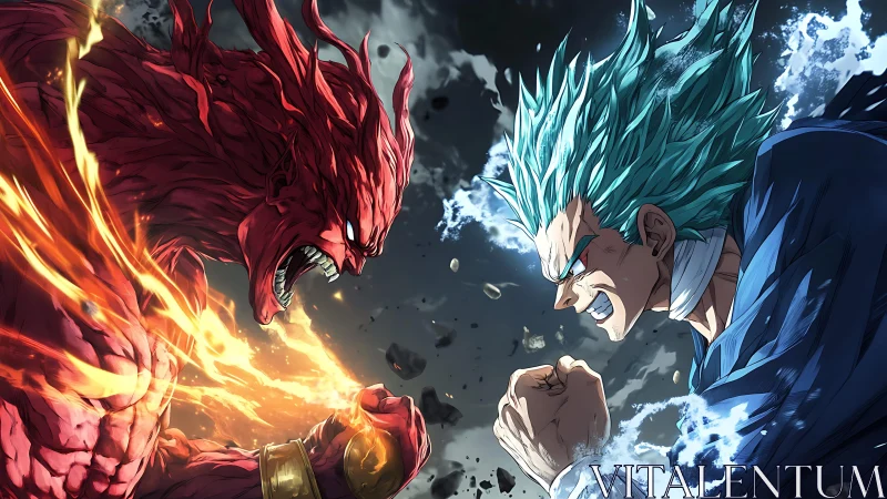 Blazing titan and storm-haired warrior collide in fury