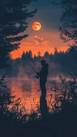 Lone angler courting moonlit reflections on ember lake.
