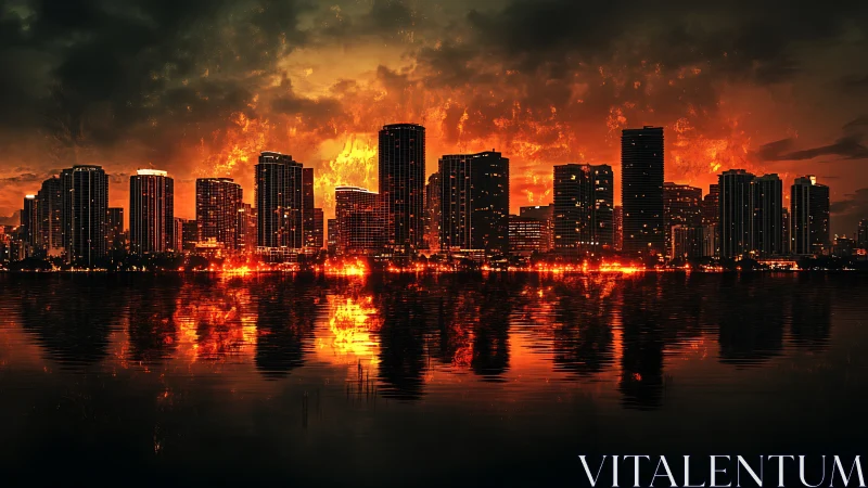 Burning city skyline glows above dark reflective waters.