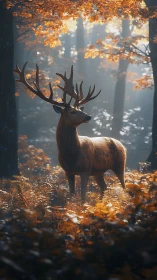 Autumnal forest stag under volumetric backlit foliage glow.