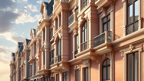 Neoclassical urban facade in warm sunset perspective rendering.