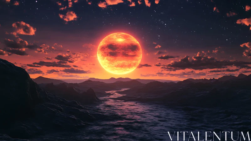 Molten moonrise quietly floods an alien valley with firelight