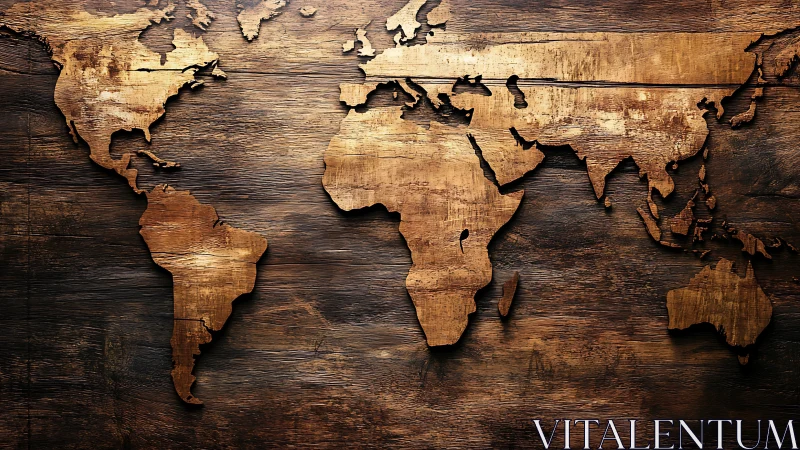 Weathered wooden world map glows with warm, rustic charm