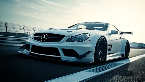 Sleek white Mercedes race car hugs the track in bold style