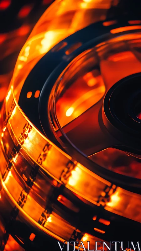 Macro close-up of illuminated analog cinema film reel coils