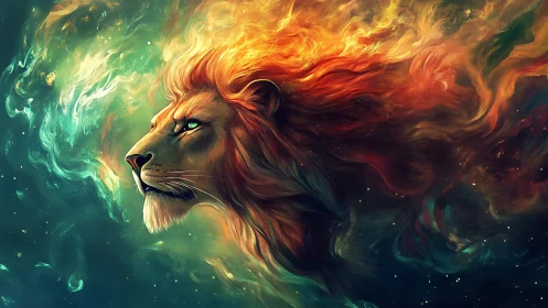 Digital lion profile integrates with abstract fiery nebula