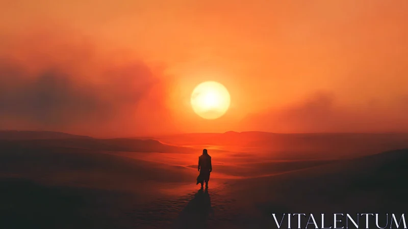 Solitary wanderer crosses glowing desert at sunset