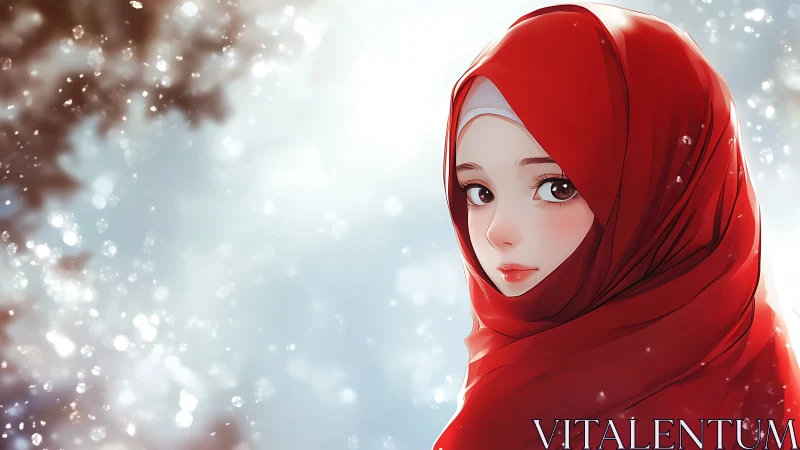 Winter light gathers softly around the girl in red hijab