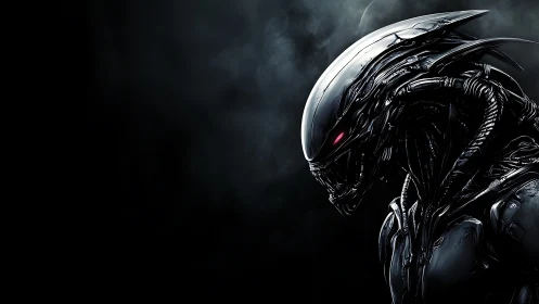 Dark biomechanical alien cyborg with glowing red eyes.