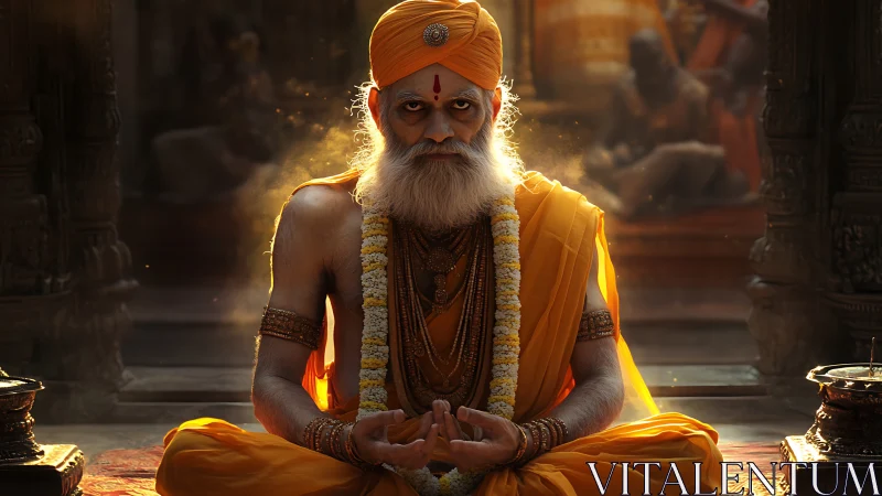 Photorealistic portrait of meditative Hindu guru in temple setting.