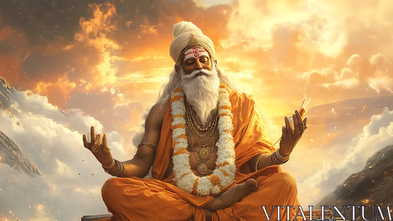 Radiant orange-clad sage in lotus pose amid luminous clouds