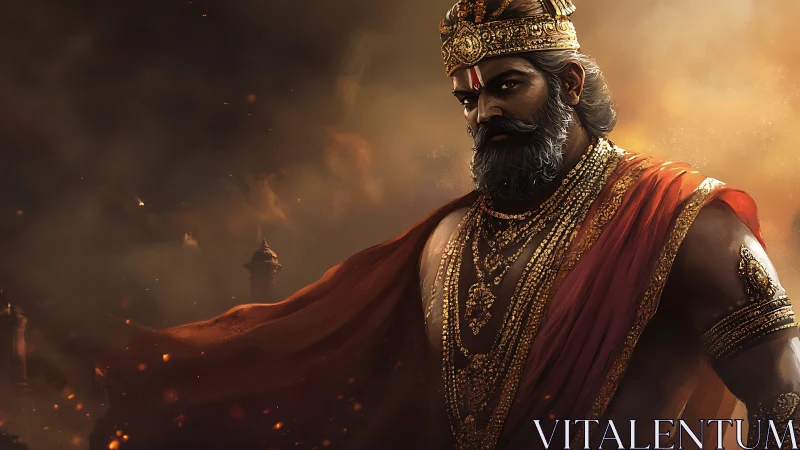 Regal warrior king in ember-filled atmospheric tableau.