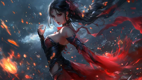 Volcanic sorceress amid embers in dynamic digital vortex.