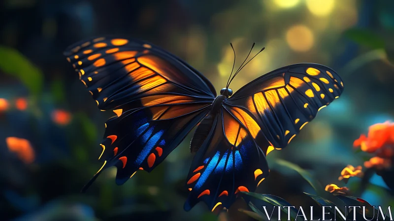 Vivid blue and orange butterfly resting in soft garden light.