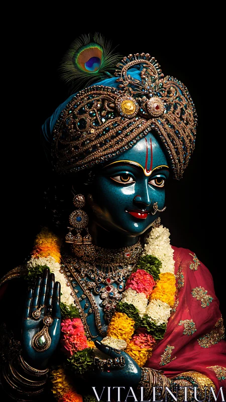 Krishna idol glows under dramatic light with jeweled adornment