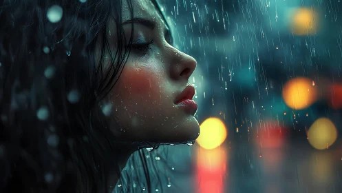 Side profile of young woman in rainy city night scene.