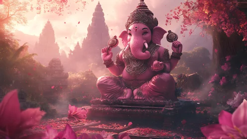 Pink Ganesha statue in lush temple garden at sunrise.