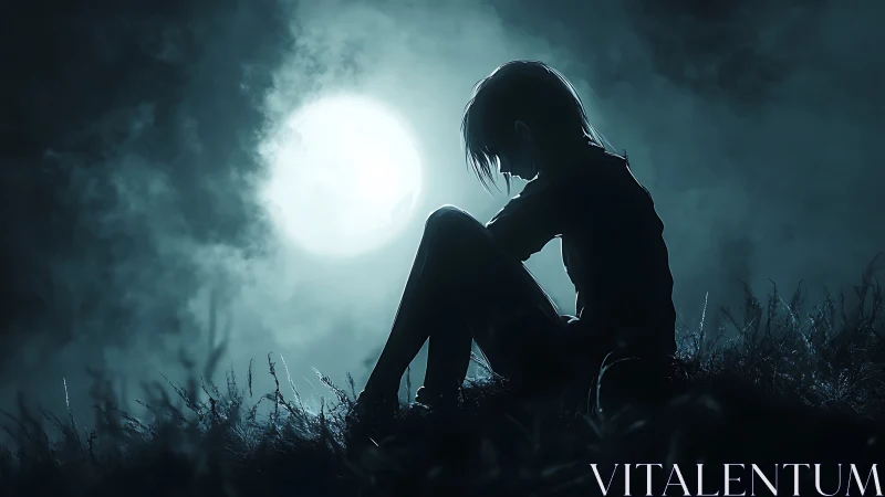 Solitary silhouette under luminous full moon haze.