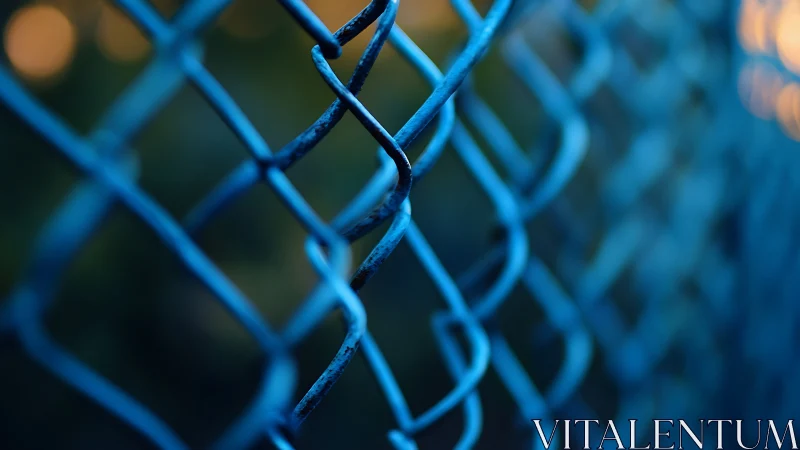 Twisted blue chain link fence in shallow dusk focus study.