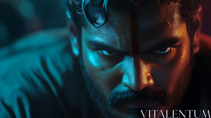 Intense male portrait under dramatic teal and amber light