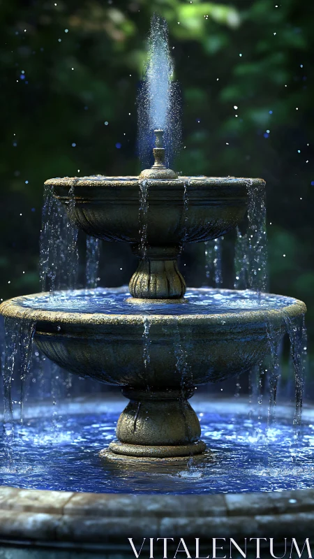 Sunlit garden fountain singing in sapphire cascades.