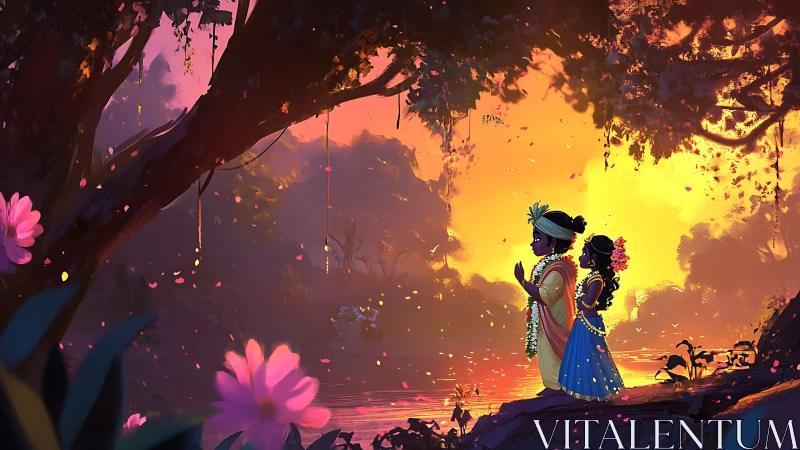 Two figures stand beneath ancient trees at golden sunset.