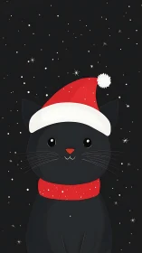 Vector-style black cat in Santa attire on starfield background.