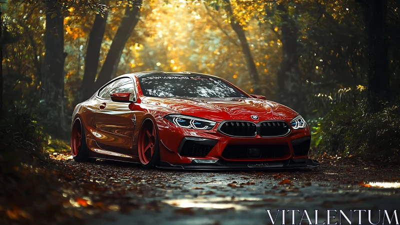 Red sports coupe glows under golden forest sunshine