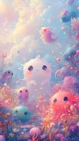 Fluffy pastel creatures gather in a dreamy enchanted meadow.