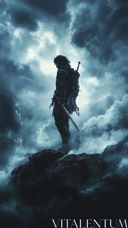 Cinematic warrior silhouette in storm-lit atmospheric vertical frame.