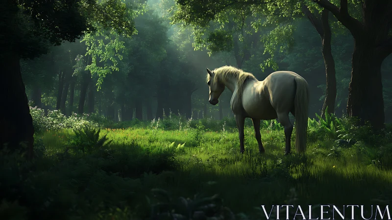 Solitary light-colored horse standing in shaded forest clearing.