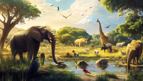 African wildlife at waterhole under distant snow peak.