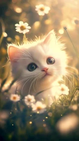 Luminous White Kitten Among Golden Daisies.
