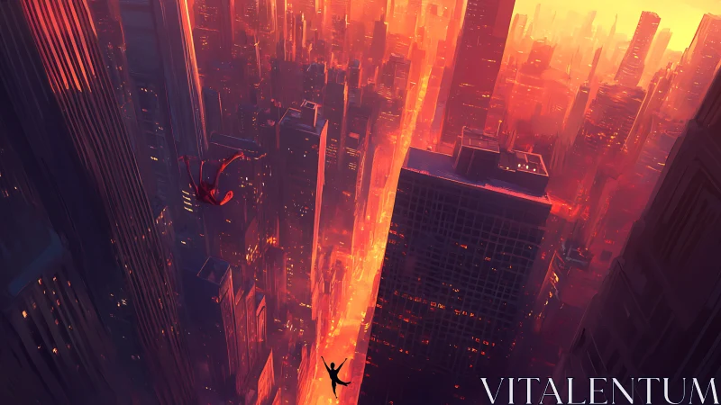 Sunset city dive across glowing urban canyon skyline.