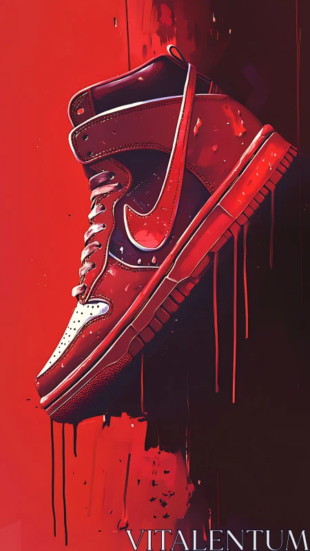 Red high-top sneaker illustration against bold backdrop.