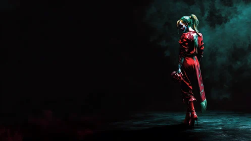 Cinematic female figure in red coat against teal smoke field