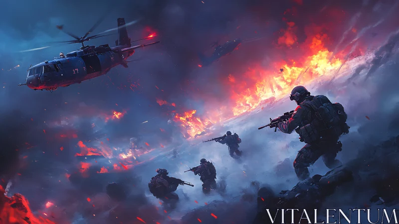 Military infantry advance under helicopter support at night.